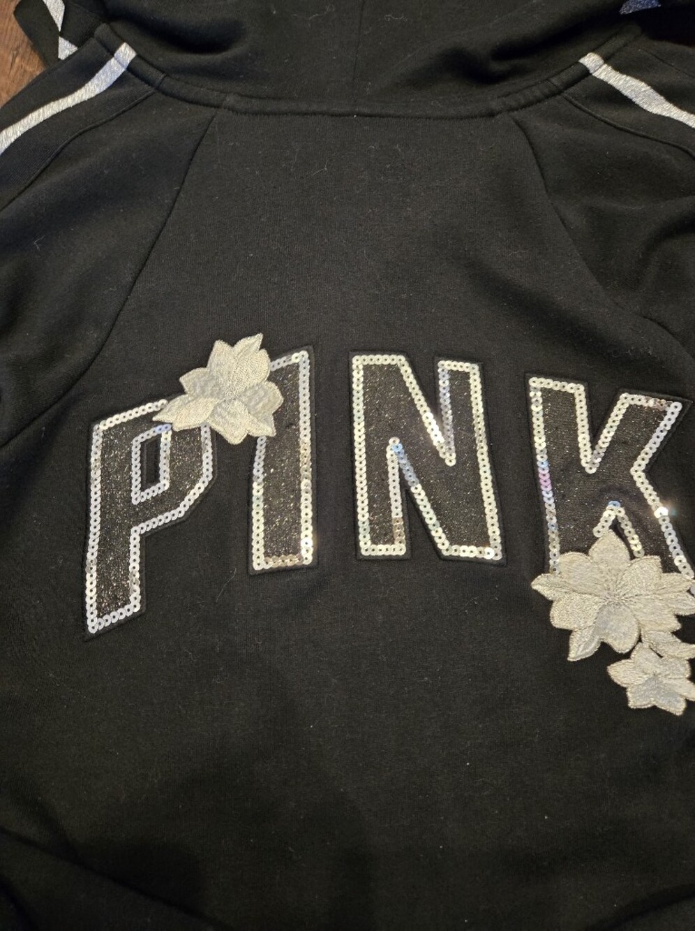 PINK Victoria's Secret Black Hoodie with Sequin Logo & Floral Appliqués
